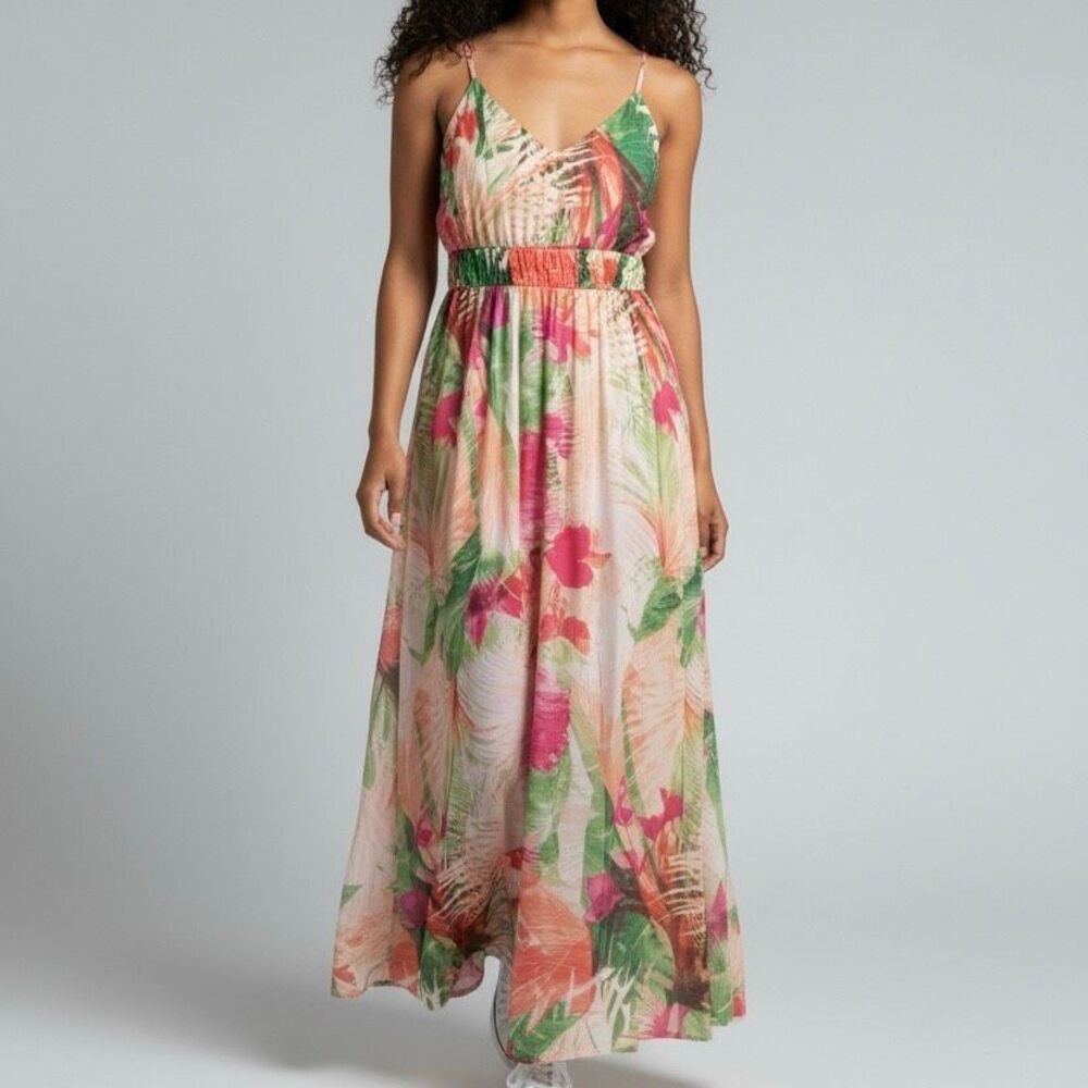 VENUS 8 Pink Green Tropical Floral Maxi Dress Preppy Artsy Romantic Boardwalk